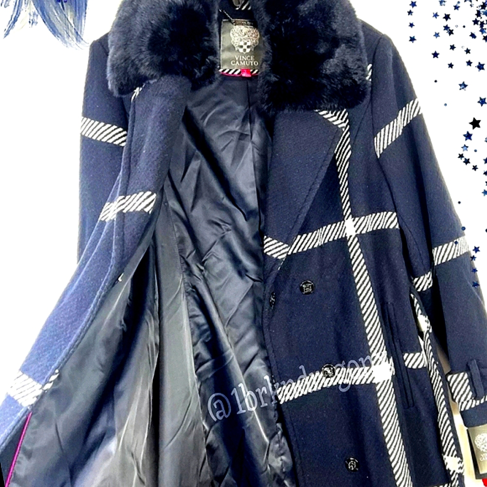 Brand New Vince Camuto Wool Belted Navy White Plaid Trench Coat Fur LARGE FUR - Picture 13 of 17